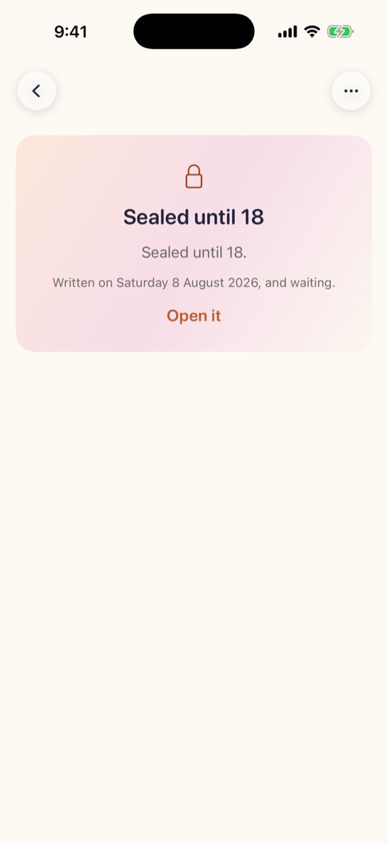 A sealed letter card reading “Sealed until 18”, written and waiting